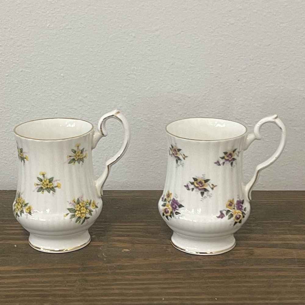 Royal Windsor Bone China Mugs Yellow Mimosa‎ & Purple Floral Gold Rim England 2